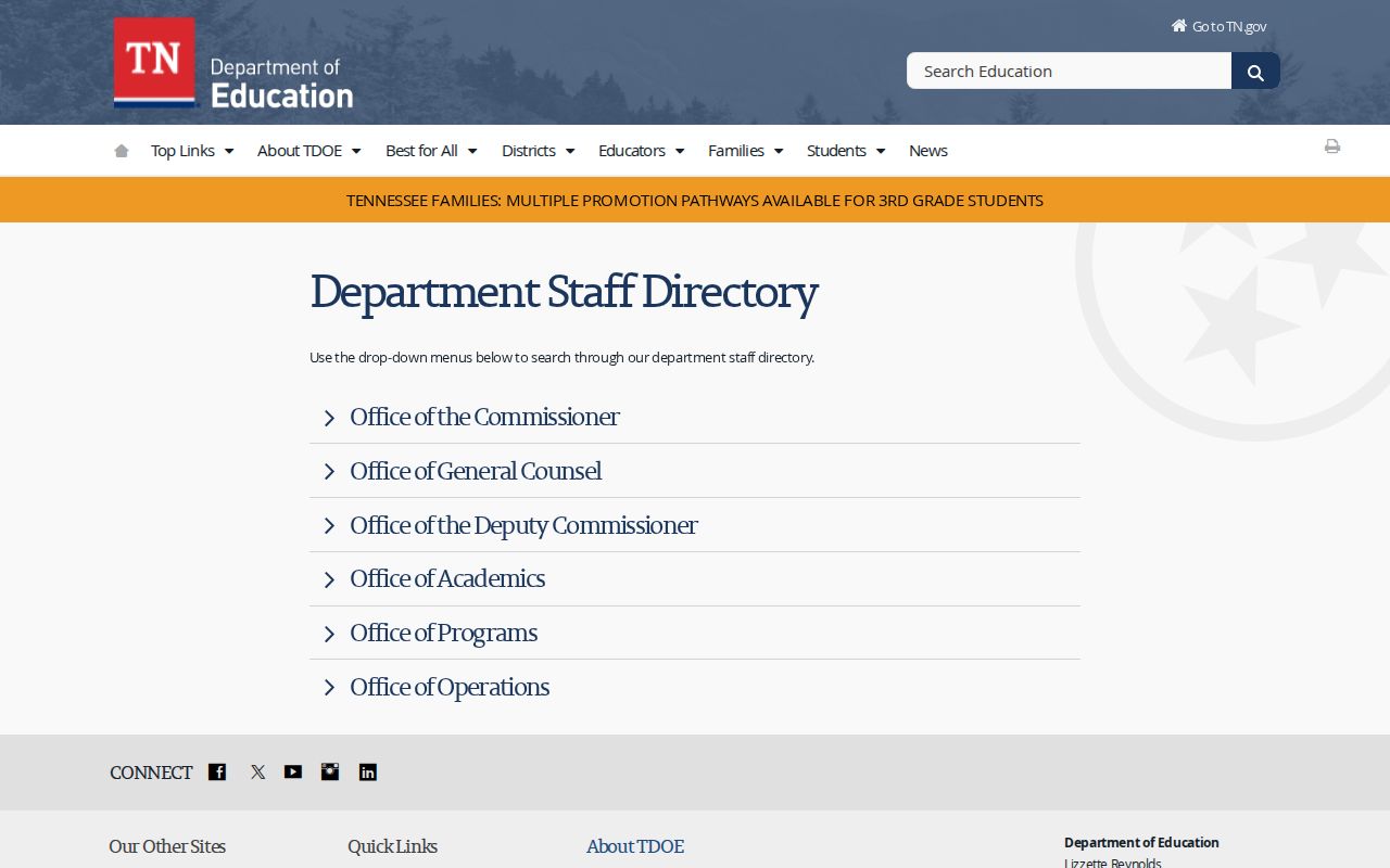 Tennessee people directories Department of Education staff roster