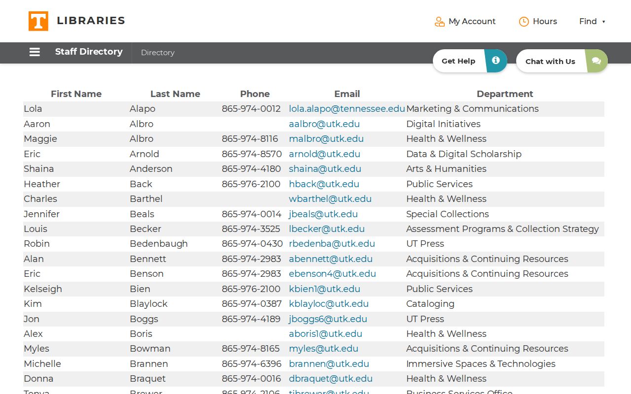 Tennessee people directories University of Tennessee Libraries staff search