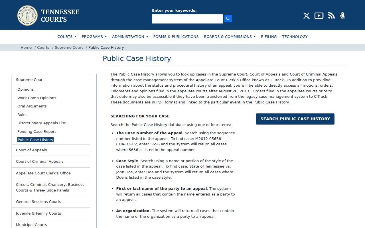 Tennessee public records guidance for appellate case history searches