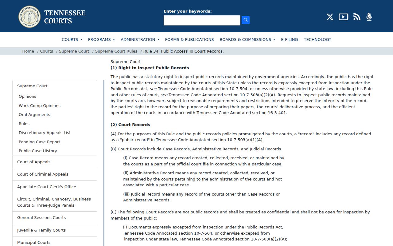 Tennessee public records court access rule and confidentiality guidance
