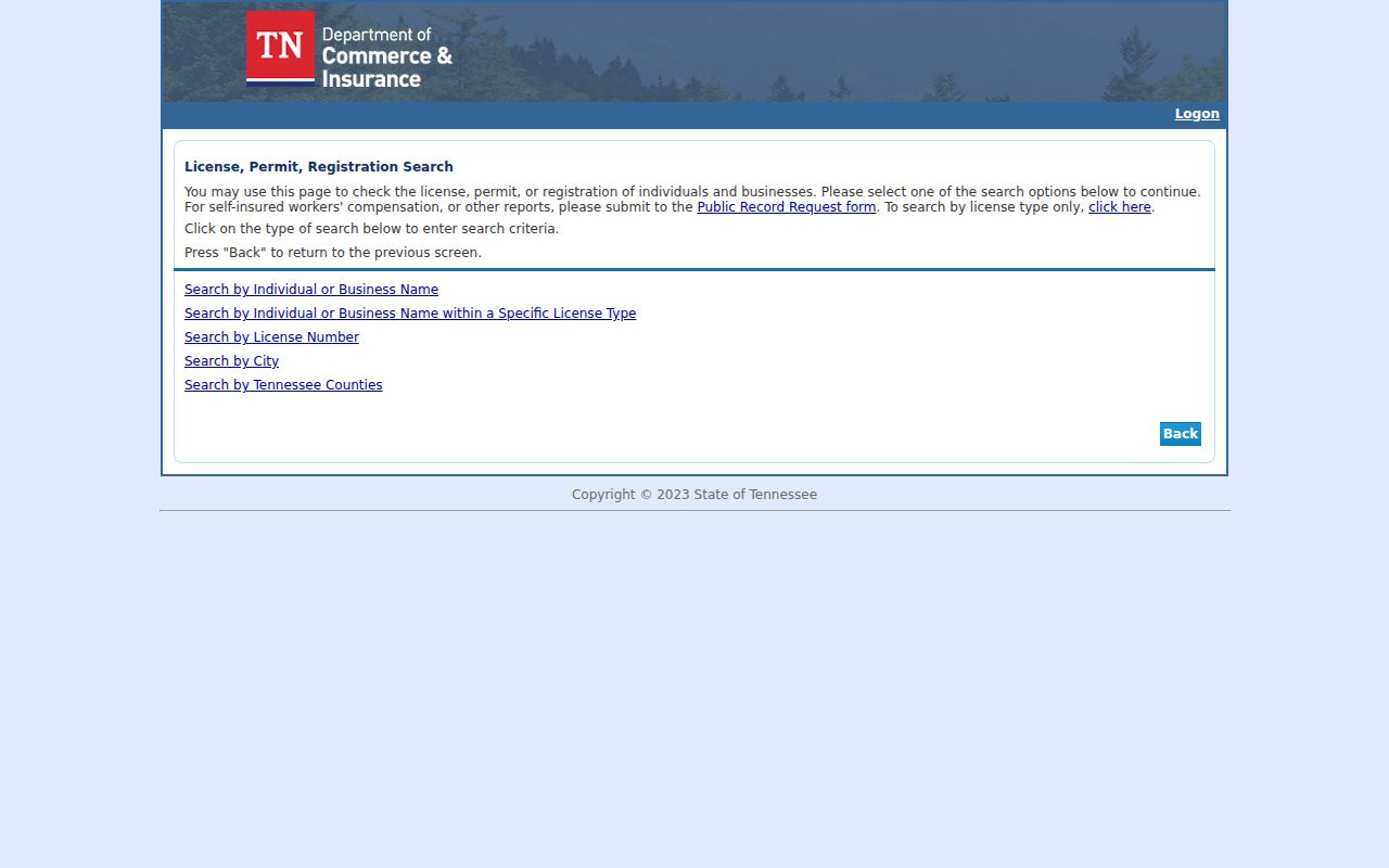 Tennessee people search regulatory license records