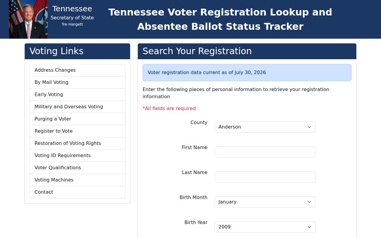 Tennessee voter records lookup search fields
